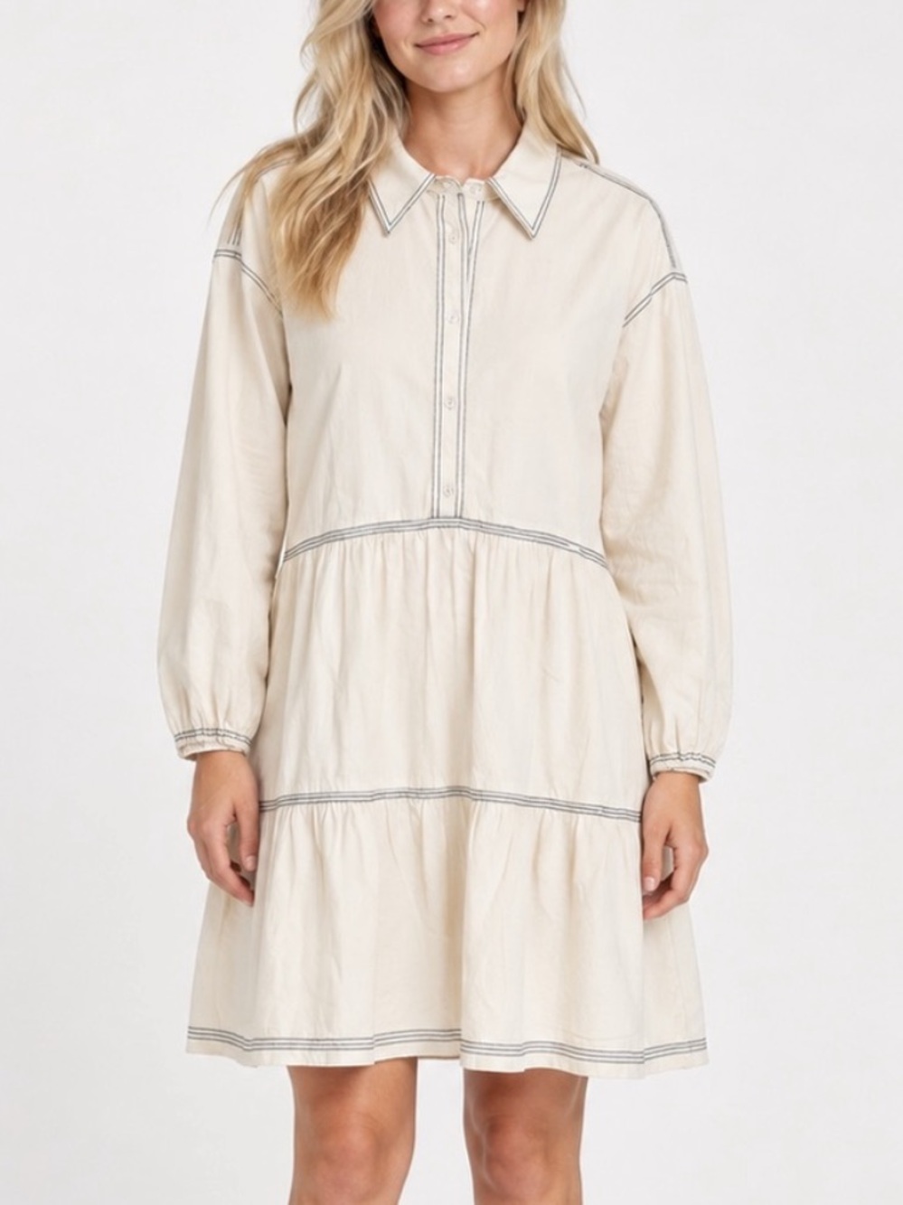 Maeve Anthropologie Ivory Contrast Stitch Tiered Shirt Dress XL 6126
